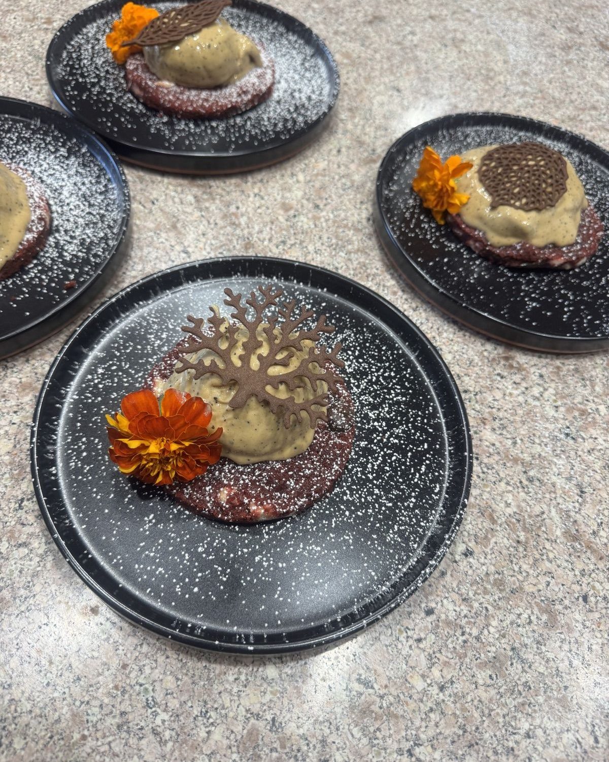 Powdered desserts with chocolate tuile and edible flowers