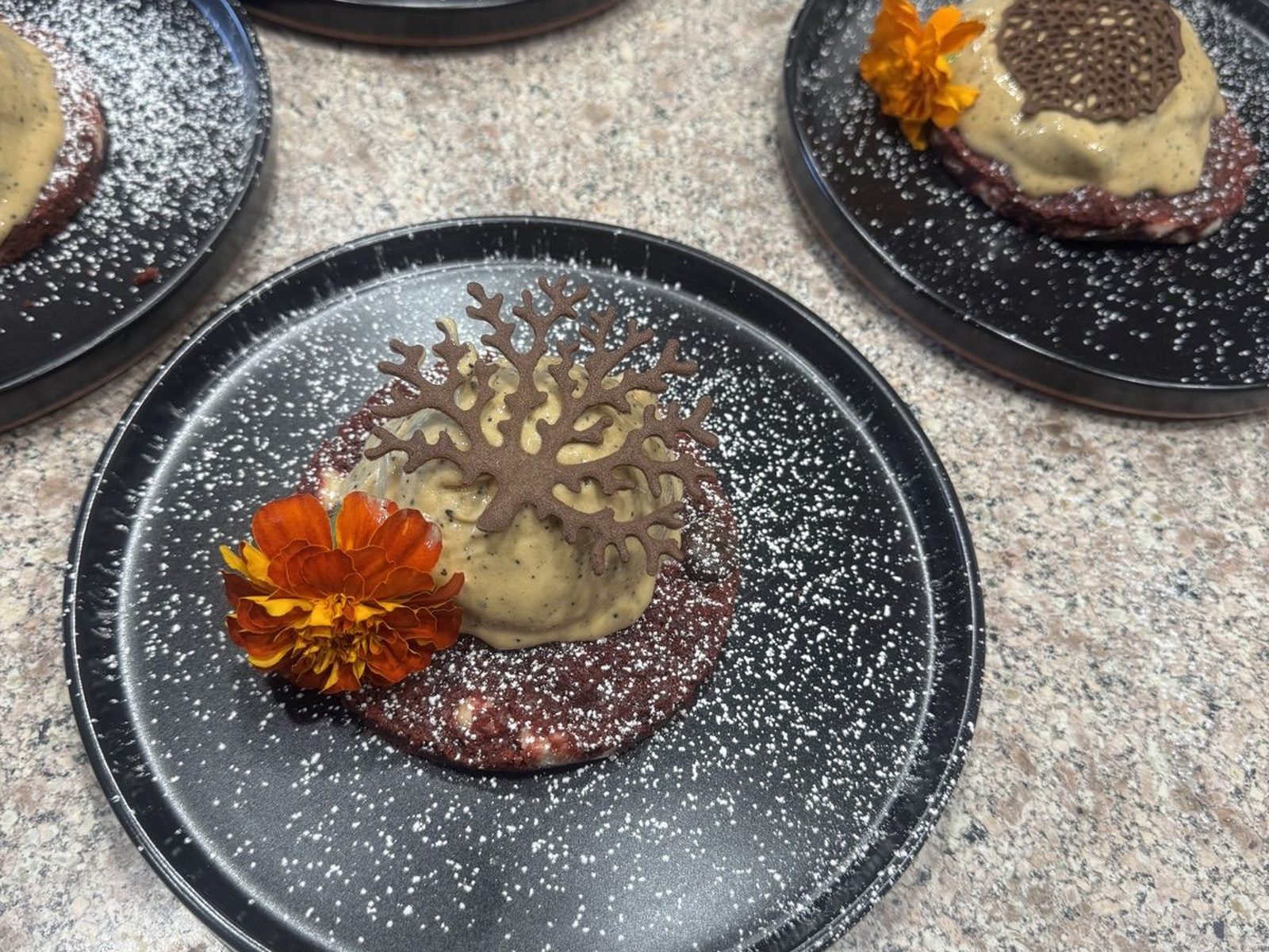 Four powdered desserts with chocolate tuile and edible flowers