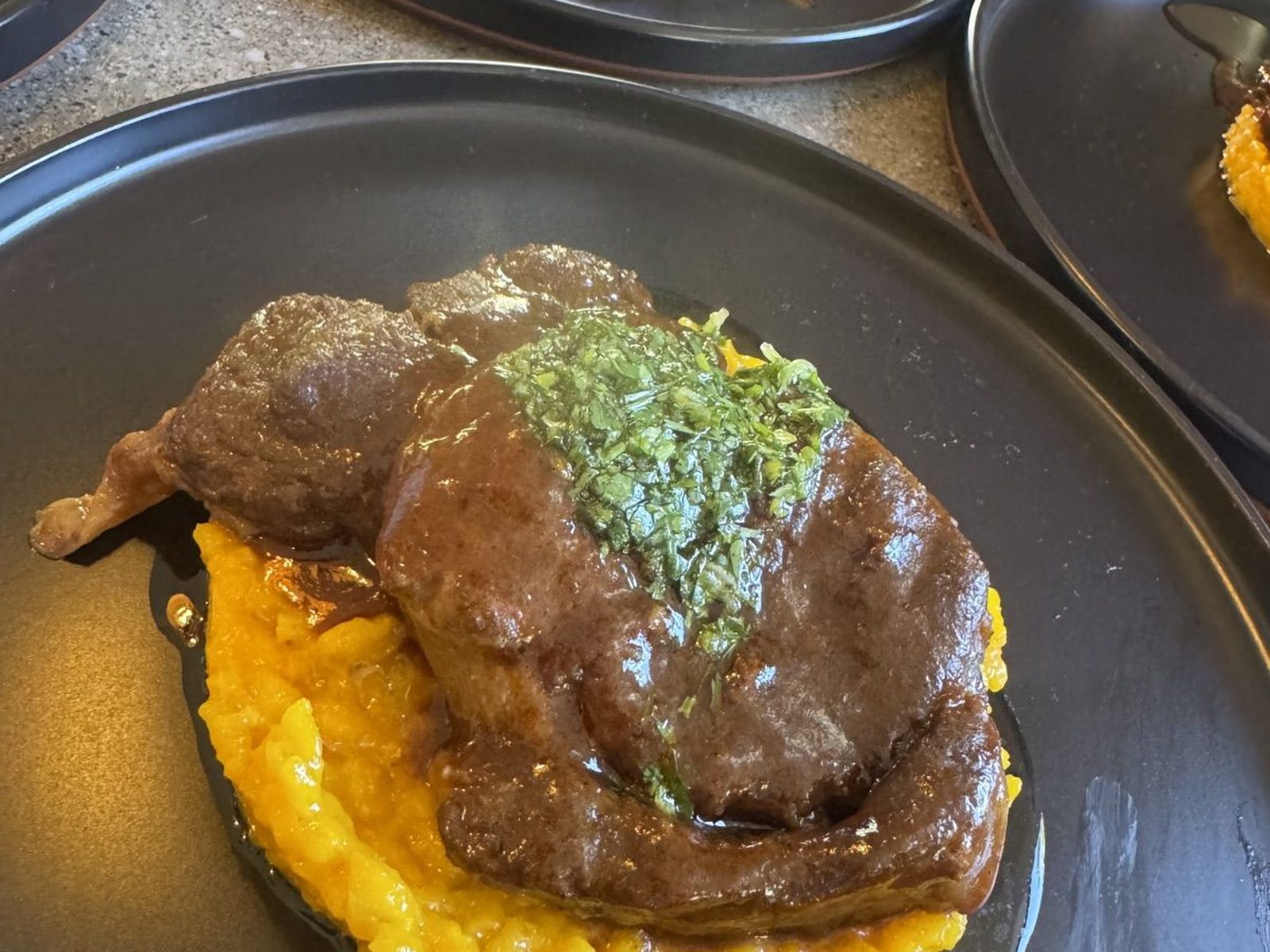 Glazed short rib on yellow risotto with herb sauce