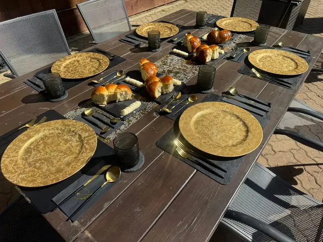 Outdoor patio table set with gold chargers and fresh bread