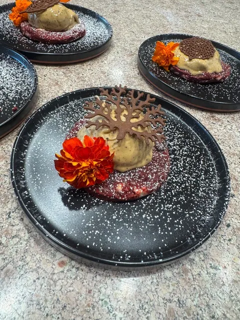 Cream dessert with chocolate filigree and edible flower on black plates